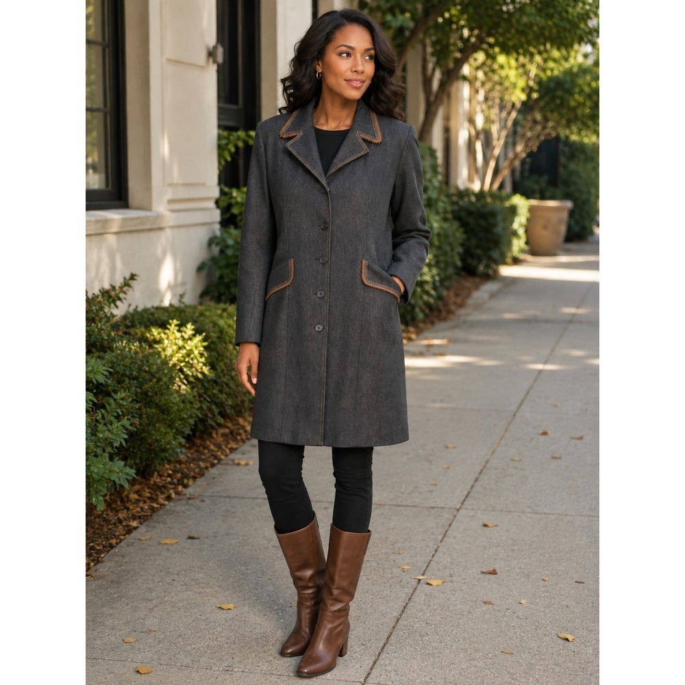 Vertigo Paris Large Charcoal Gray Long Coat Contrast Stitching Career Jacket